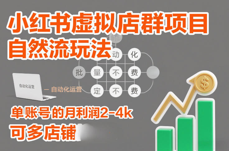 小红书虚拟店群项目，自然流玩法，批量自动化，稳定不费号，单账号的月利润2-4k，可多店矩阵-聊项目