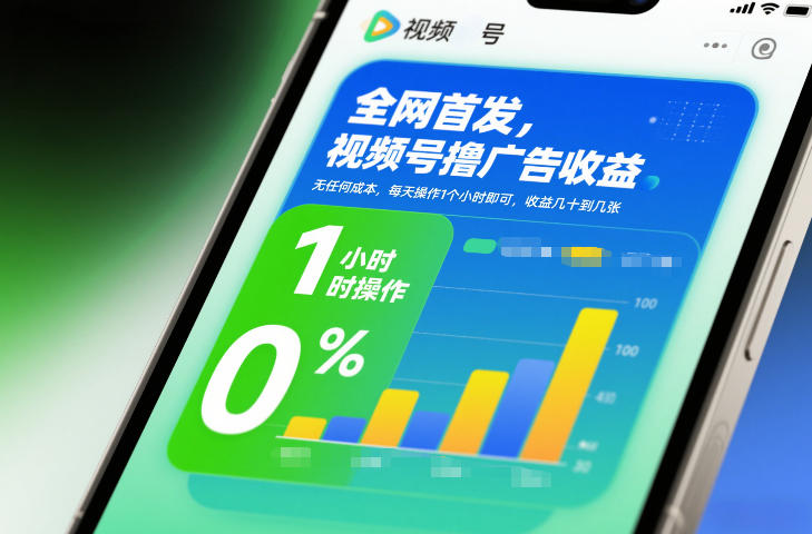 全网首发，视频号撸广告收益，无任何成本，每天操作1个小时即可，收益几十到几张-聊项目
