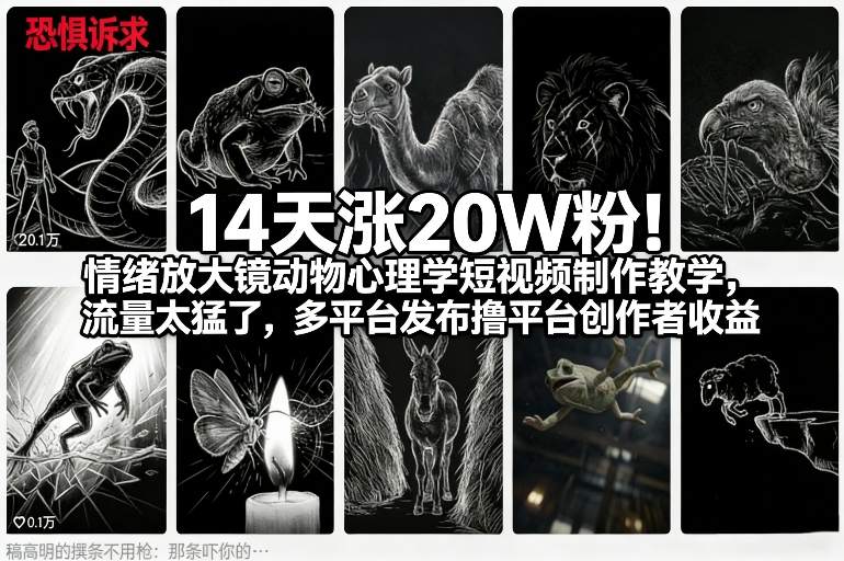 14天涨20W粉！情绪放大镜动物心理学短视频制作教学，流量太猛了，多平台发布撸平台创作者收益-聊项目