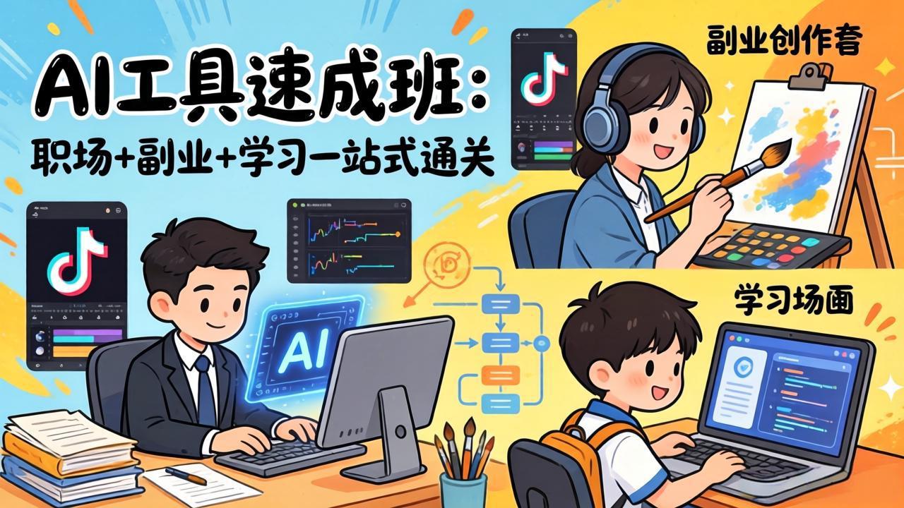 AI工具速成班：职场+副业+学习一站式通关，20+爆款类型+剪映技巧+抖音算法，0基础快速上手-聊项目