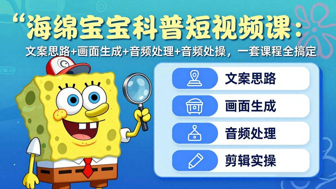 海绵宝宝科普短视频课：文案思路+画面生成+音频处理+剪辑实操，一套课程全搞定-聊项目