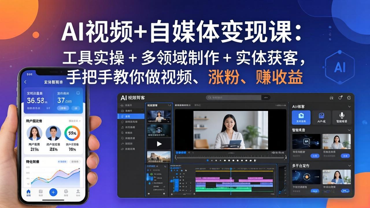 AI视频+自媒体变现课：工具实操 + 多领域制作 + 实体获客，手把手教你做视频、涨粉、赚收益-聊项目