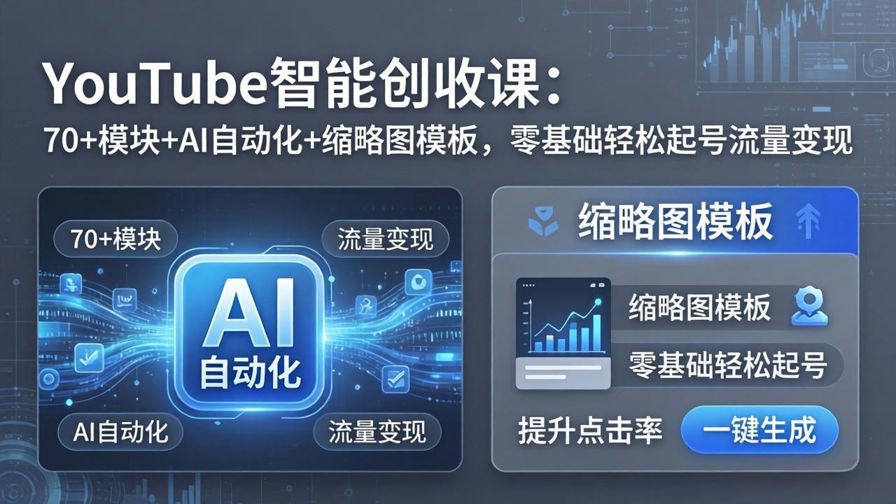 YouTube智能创收课：70+模块+AI自动化+缩略图模板，零基础轻松起号流量变现-聊项目