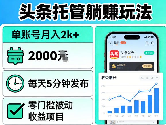 头条托管躺賺玩法，单账号月入2k+，每天5分钟发布即可，零门槛被动收益项目【揭秘】-聊项目