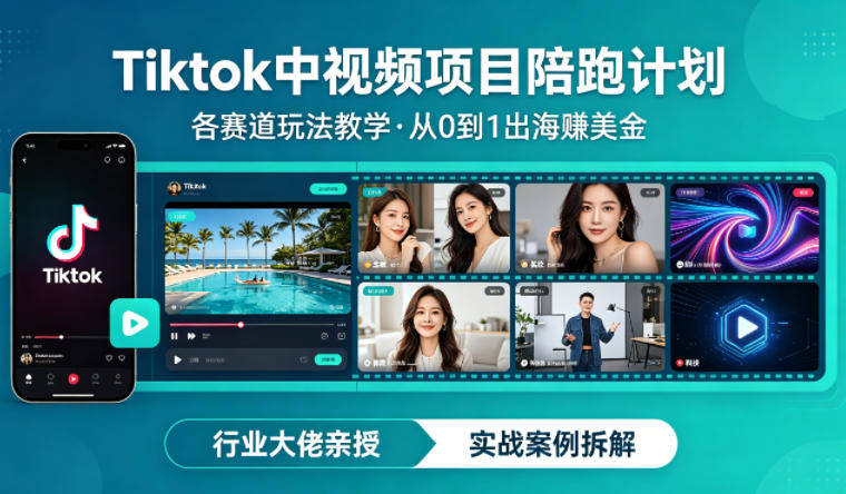 某大佬的Tiktok中视频项目陪跑，涵盖TK各个赛道玩法教学，从0到1出海賺美金-聊项目