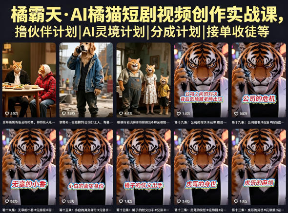 橘霸天·AI橘猫短剧视频创作实战课，撸伙伴计划|AI灵境计划|分成计划|接单收徒等-聊项目
