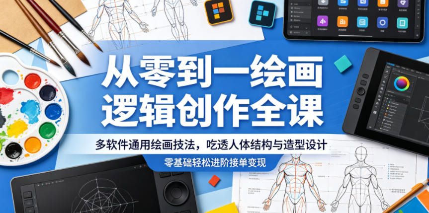从零到一绘画逻辑创作全课，多软件通用绘画技法，吃透人体结构与造型设计，零基础轻松进阶接单变现-聊项目
