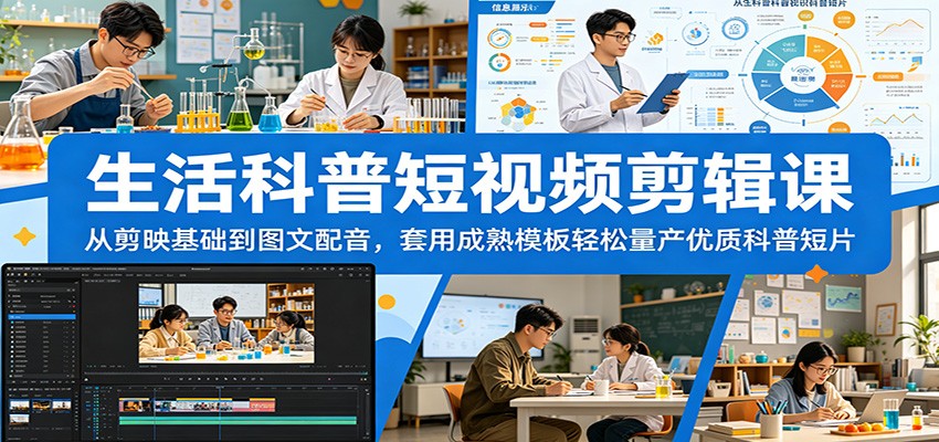 生活科普短视频剪辑课：从剪映基础到图文配音，套用成熟模板轻松量产优质科普短片-聊项目