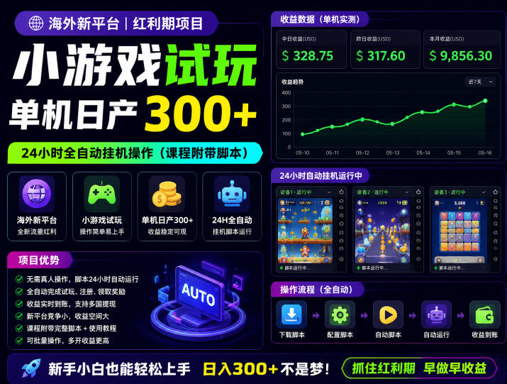 海外新平台，小游戏试玩，单机日产300+，24小时全自动挂G操作(课程附带脚本)【揭秘】-聊项目