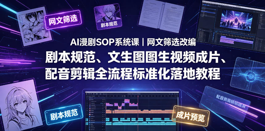 AI漫剧SOP系统课｜网文筛选改编、剧本规范、文生图图生视频成片、配音剪辑全流程标准化落地教程-聊项目