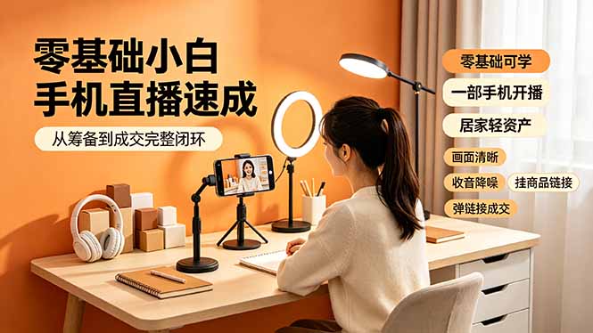 零基础小白手机直播速成，从筹备到成交完整闭环，适配苹果安卓系统，解决杂音卡顿留人难问题-聊项目