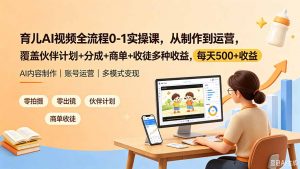 育儿AI视频全流程0-1实操课，从制作到运营，覆盖伙伴计划+分成+商单+收徒多种收益，每天500+收益-聊项目