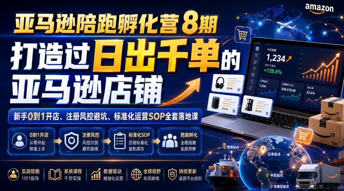 亚马逊陪跑孵化营8期，打造过日出千单的亚马逊店铺，新手0到1开店、注册风控避坑、标准化运营SOP全套落地课-聊项目