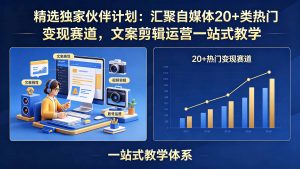 精选独家伙伴计划：汇聚自媒体20+类热门变现赛道，文案剪辑运营一站式教学-聊项目